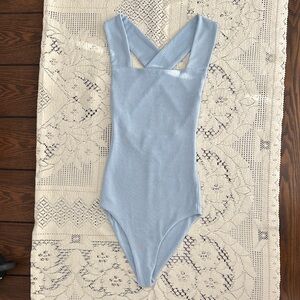 Wayf Light Blue Ribbed Cross-Back Bodysuit NWOT